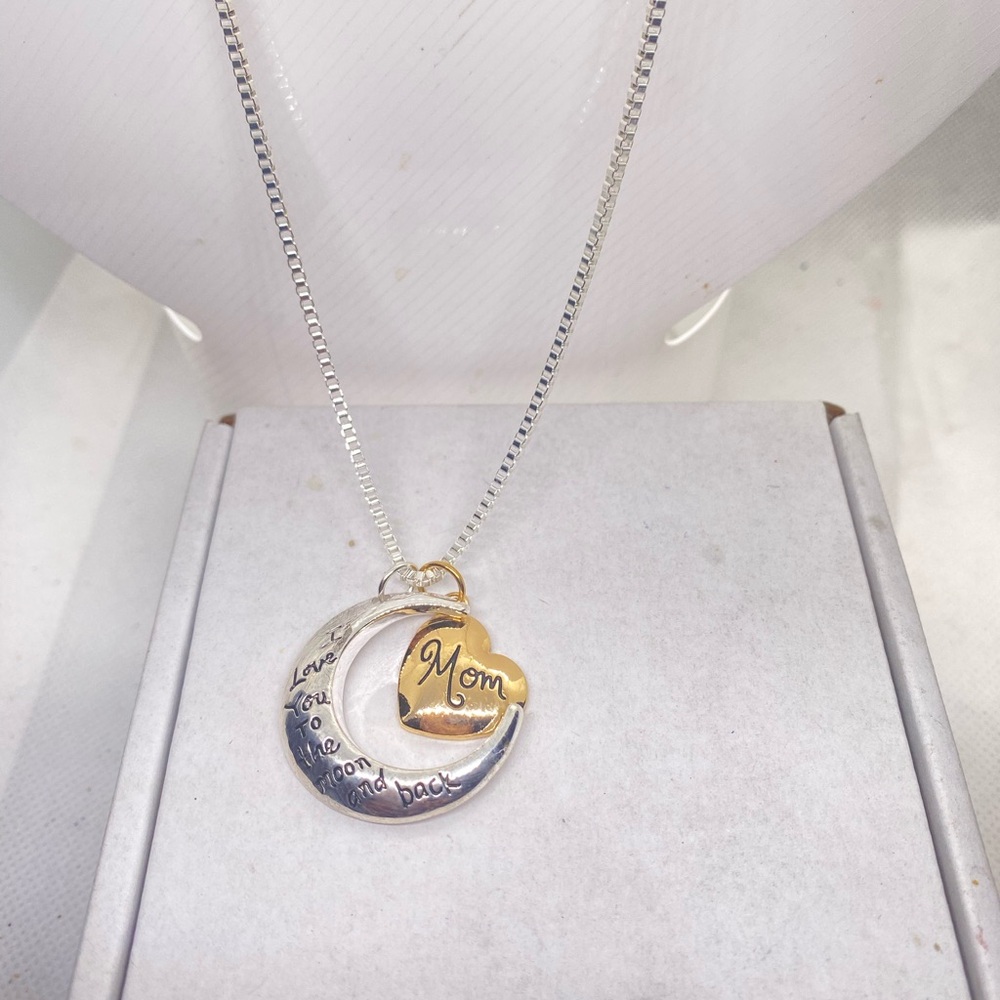 Silver and Gold 'Mom' Moon and Heart Pendant Necklace